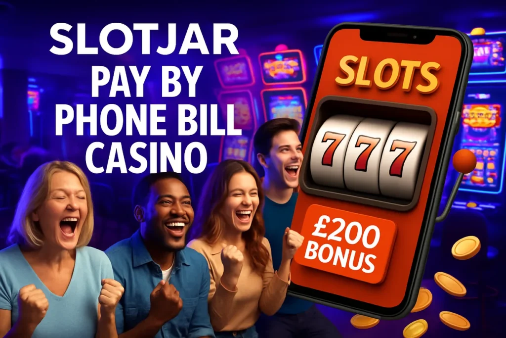 ✅ 1200px wide in 16:9 aspect ratio (1200x675 pixels) ✅ Purple and blue gradient background matching SlotJar's color scheme ✅ Happy, diverse slot players celebrating and having fun ✅ Colorful slot machines with neon lighting in the background ✅ SlotJar branding with bold white "SLOTJAR PAY BY PHONE BILL CASINO" text ✅ Mobile phone displaying slot game interface with 777 jackpot ✅ £200 BONUS prominently featured ✅ Gold coins scattered around for added excitement ✅ Professional casino atmosphere with vibrant lighting The banner maintains the same style and energy as your existing SlotJar branding while incorporating all the requested elements for an engaging homepage hero section. The design is optimized for web use and will work great across different device